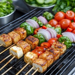 Colorful skewers of grilled vegetables and tofu on a barbecue grill, highlighting a delicious and healthy dish.