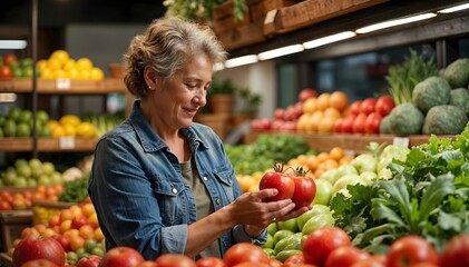 Senior woman choosing tomatoes at grocery store