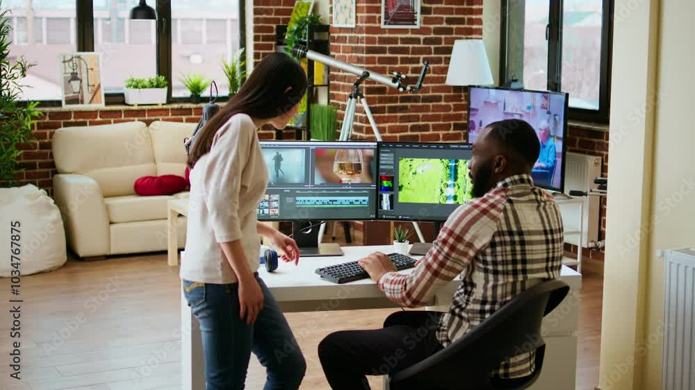 Poster creative interracial couple collaborating on video editing process, discussing multiple ways to use 