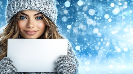 a woman holding a blank white sign with blue and silver bokeh lights in the background : Generative AI