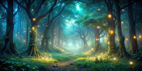 enchanted forest at night with glowing light