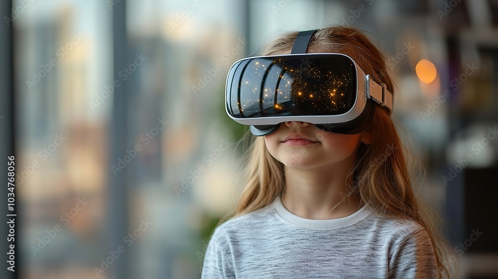 Poster kid wearing virtual reality glasses fully immersed in virtual reality educational scenario learning 