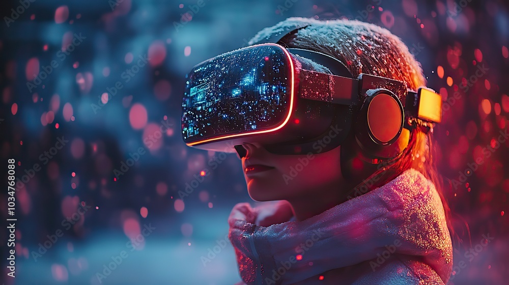 Poster kid wearing virtual reality glasses fully immersed in virtual reality educational scenario learning 