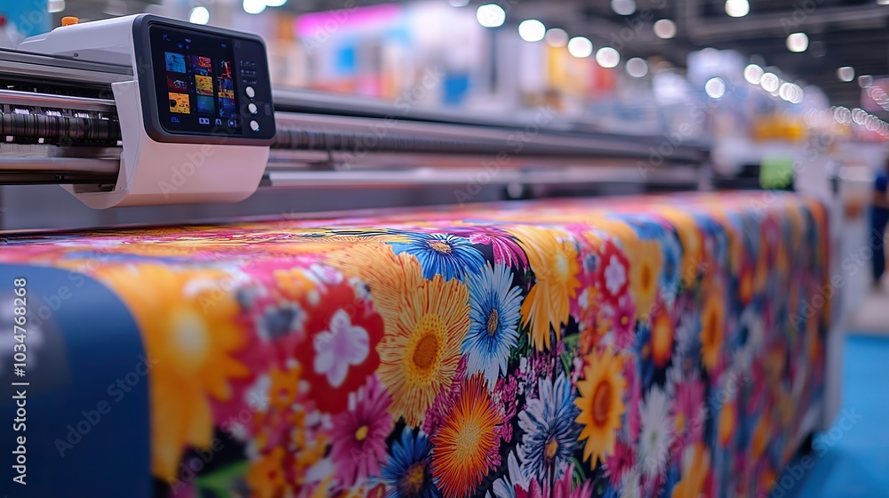 Poster large format printer producing vibrant custom textiles at trade show showcasing the precision and co