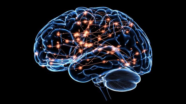 A holographic scan of the human brain during cognitive activity, showing neurons firing and connections being made in real time