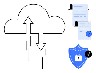 Cloud symbol with arrows, digital documents, and shield icon with lock and checkmark. Ideal for cloud storage, data security, document management, online privacy, and digital archiving. Simple modern