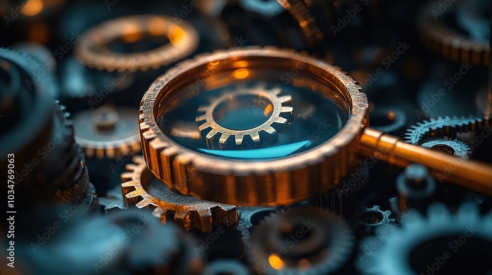 Poster magnifying glass and gears symbolize analysis and optimization in productivity tools.stock image