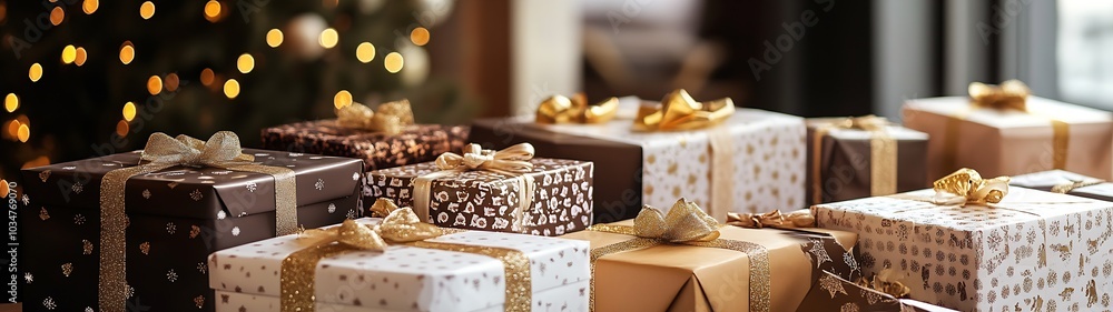 Poster a table full of prizes in elegant wrapping paper in a smart professional shop : generative ai