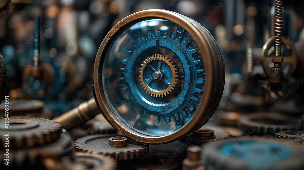 Poster magnifying glass and gears symbolize analysis and optimization in productivity tools