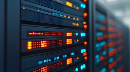 A close-up view of high-tech server racks displaying colorful LED lights, highlighting the modern data center environment.