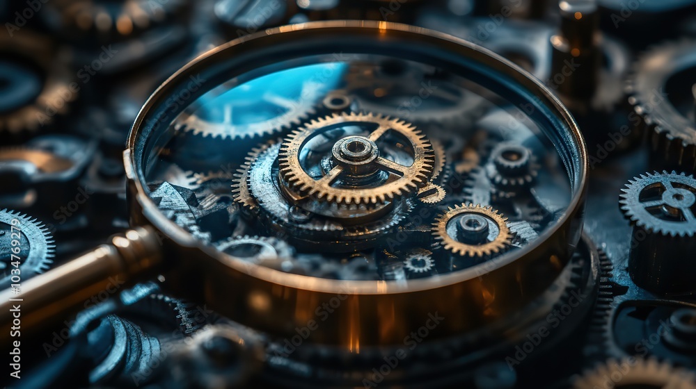 Poster magnifying glass focusing on gears symbolizing analysis precision and technology.image