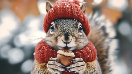 Fototapeta premium Cute Squirrel in Winter Hat and Scarf Holding an Acorn. : Generative AI