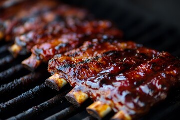 Close-up of ribs coated in barbecue sauce on a grill.