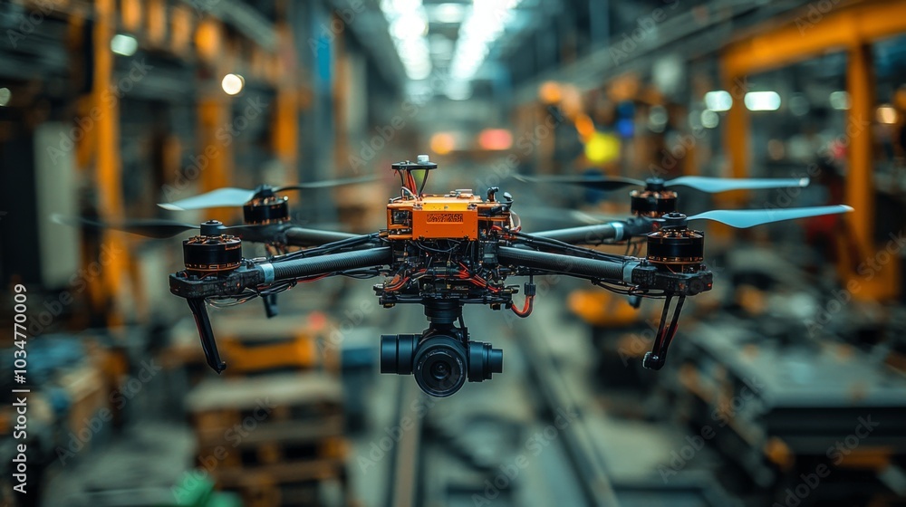 Poster a drone hovers above the ground in a spacious warehouse, capturing images and processing data. its i