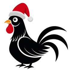 Rooster Christmas hat black and white color vector silhouette