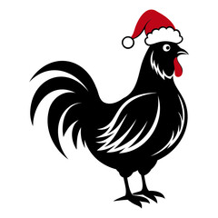 Rooster Christmas hat black and white color vector silhouette