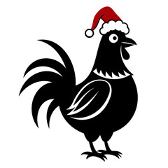 Rooster Christmas hat black and white color vector silhouette
