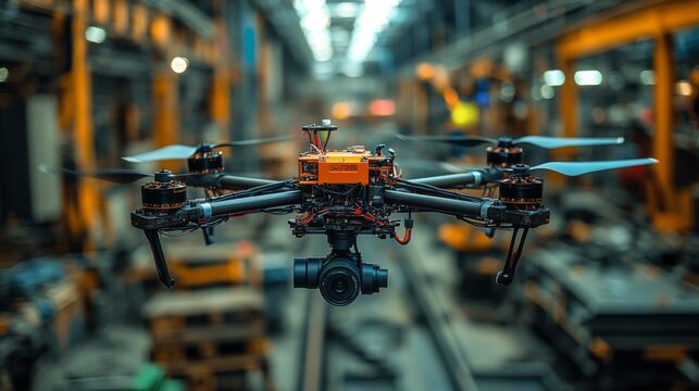 A drone hovers above the ground in a spacious warehouse, capturing images and processing data. Its intricate design highlights modern technology amid a productive environment.