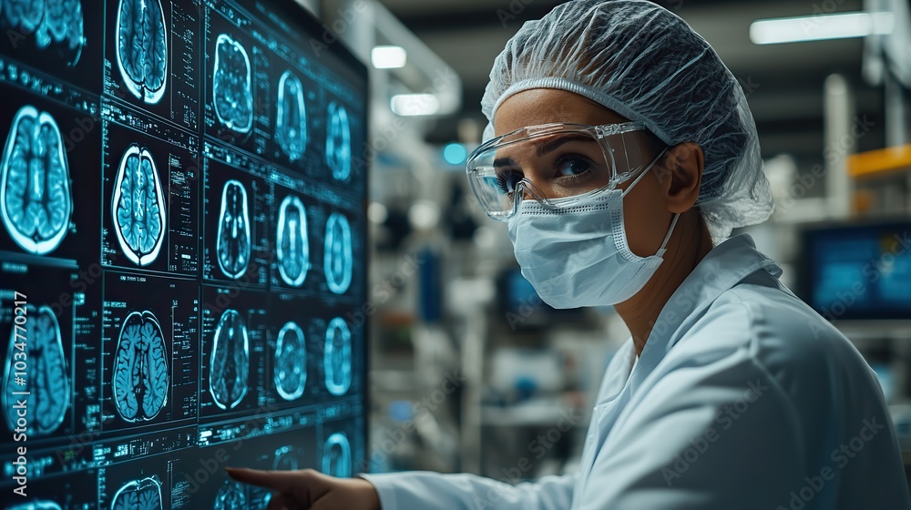 Poster medical professional analyzing brain scan on large digital screen using ai assisted diagnostic imagi