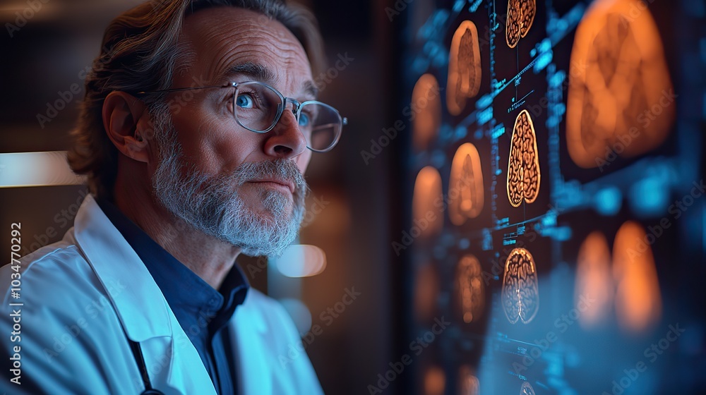 Poster medical professional analyzing brain scan on large digital screen using ai assisted diagnostic imagi