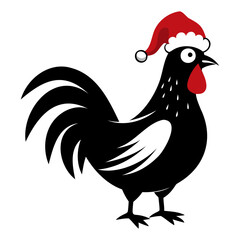 Rooster Christmas hat black and white color vector silhouette