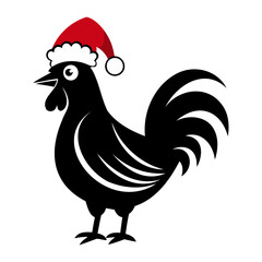Rooster Christmas hat black and white color vector silhouette