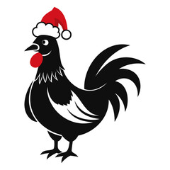 Rooster Christmas hat black and white color vector silhouette