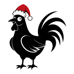 Rooster Christmas hat black and white color vector silhouette
