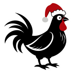 Rooster Christmas hat black and white color vector silhouette