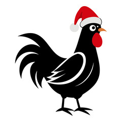 Rooster Christmas hat black and white color vector silhouette