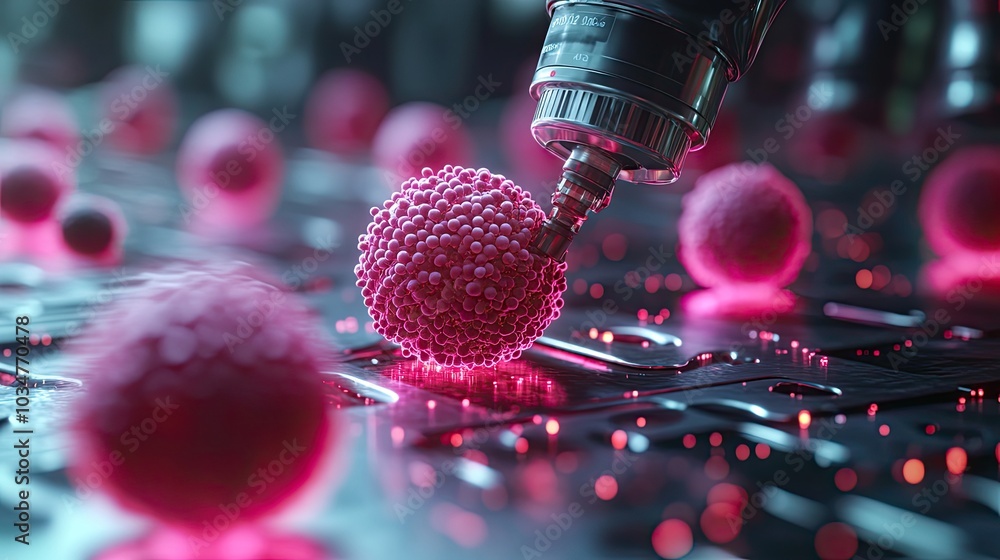 Poster microscopic view of robotic arm injecting cancer cell symbolizing precision medicine in oncology.ima