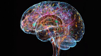 A 3D holographic scan of the human brain showing the effects of aging, with neural pathways and brain activity highlighted