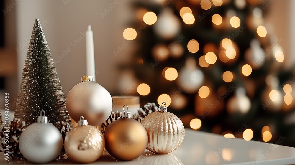 Poster Christmas tree with decorations and snowflake on gold bokeh background. : Generative AI