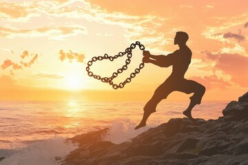 A silhouette of a person breaking chains against a vibrant sunset backdrop, symbolizing freedom and empowerment.