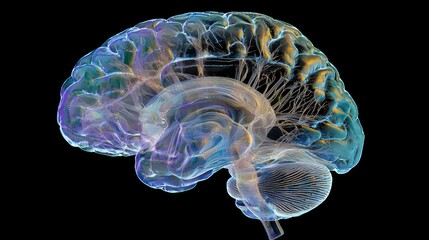 A 3D holographic scan of the human brain showing the effects of aging, with neural pathways and brain activity highlighted