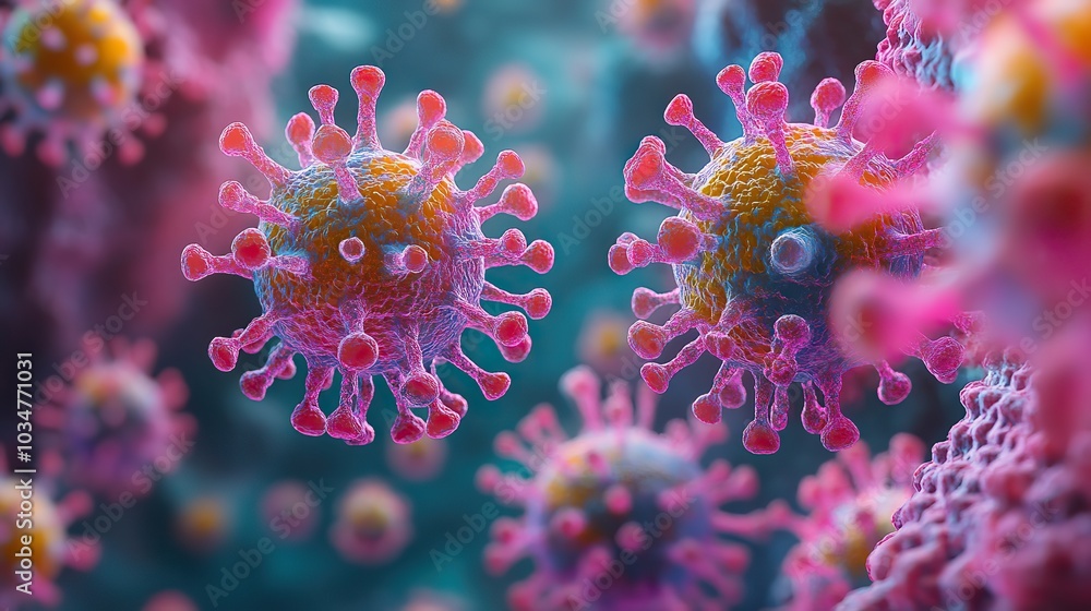 Poster microscopic view of viruses highlighting their structure and interaction in biological environment.i