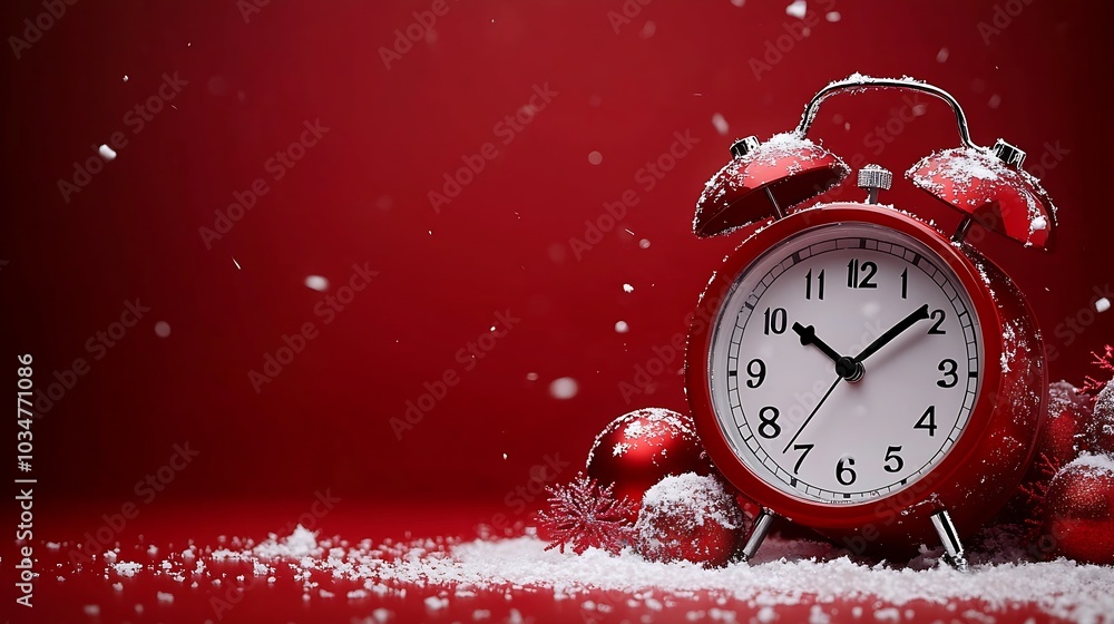 Poster Christmas alarm clock with snowflakes and copy space on red background. : Generative AI