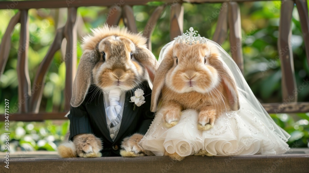 Poster Two rabbits dressed up for a wedding. AI.