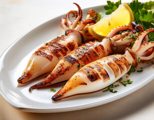 Grilled squid on a white plate