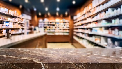 Fototapeta premium Pharmacy brown marble table counter with medicines healthcare product arranged on shelves in drugstore blurred defocused background, Pharmacy wallpaper, Pharmacy background 