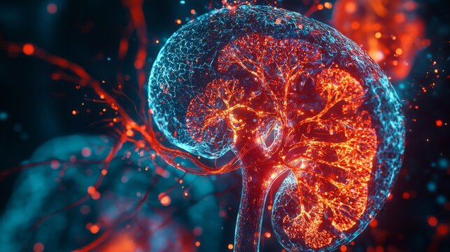 A 3D holoscan of a human kidney, with layers revealing the nephrons and blood vessels in glowing detail