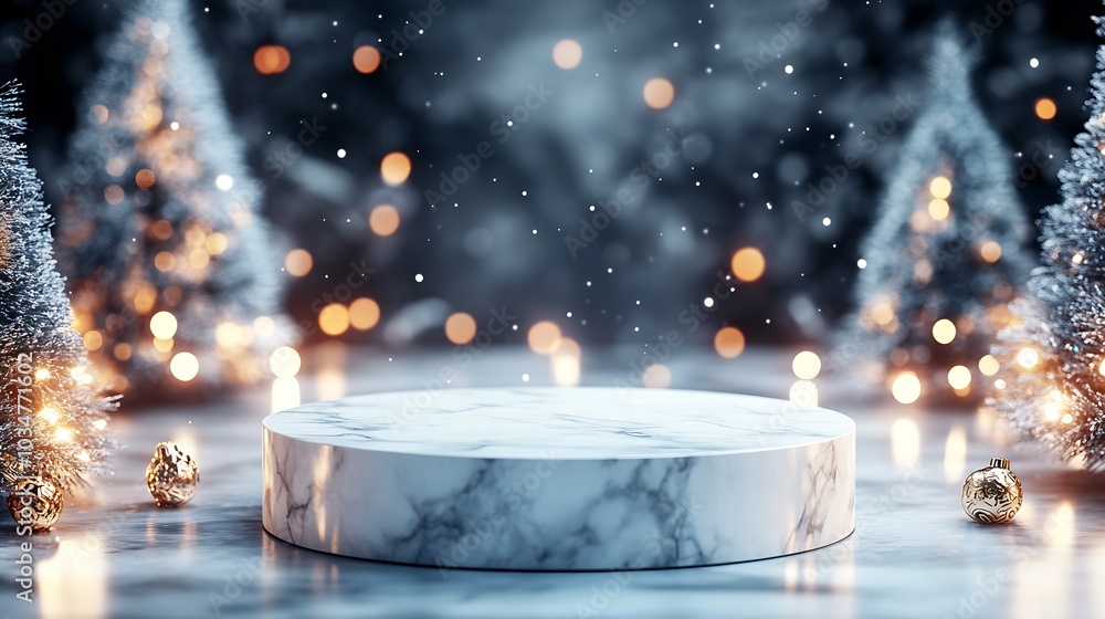 Poster a stone empty marble podium on the background of a merry christmas : generative ai
