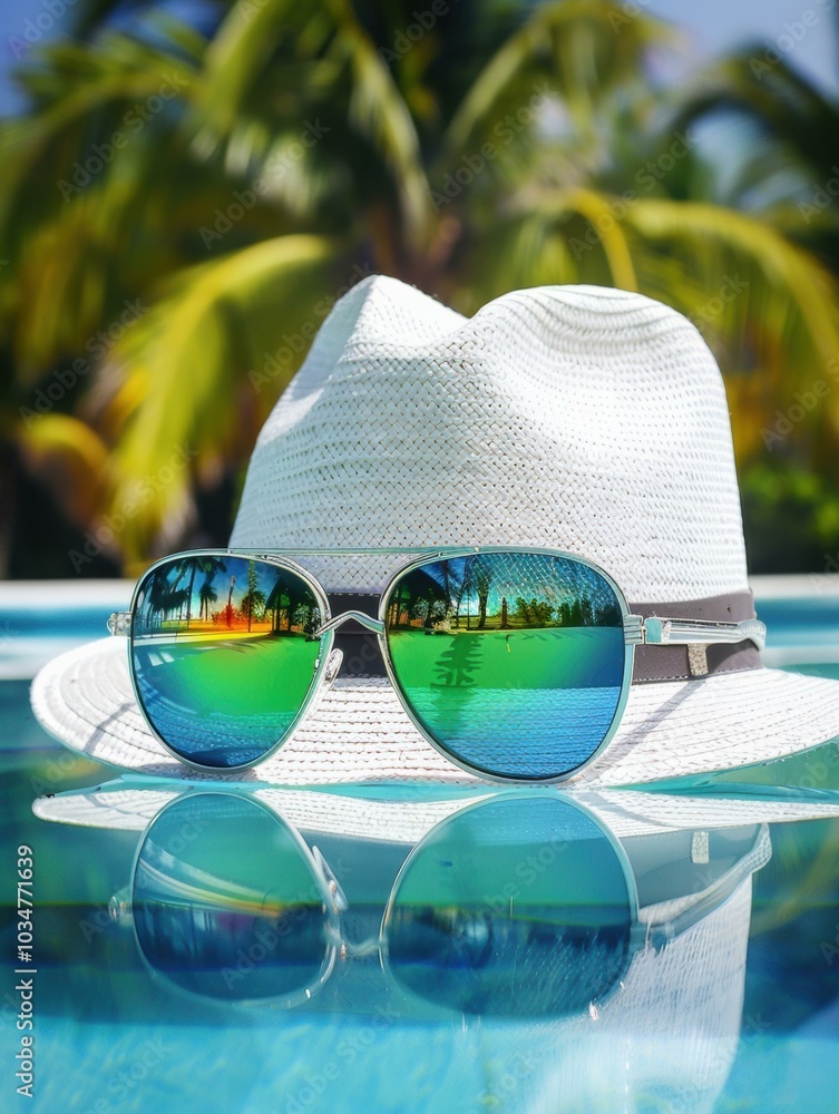 Poster Sunglasses and a hat by the pool. AI.