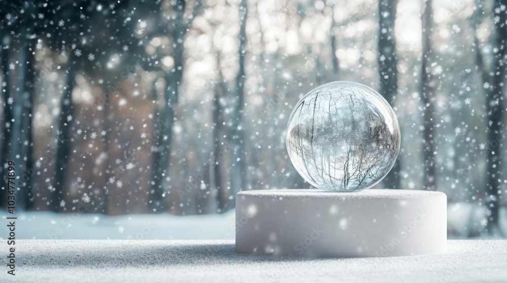 Poster a glass sphere, reflecting the blurry image of trees, sits on a round white platform. it is covered 