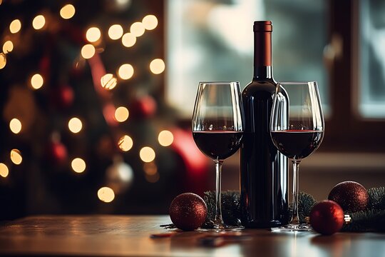 wine bottle and two red wine glasses besides on table  : Generative AI