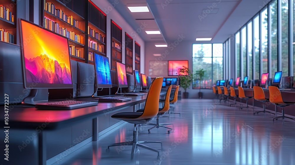 Poster modern digital classroom setup showcasing online education tools and interactive learning platforms 