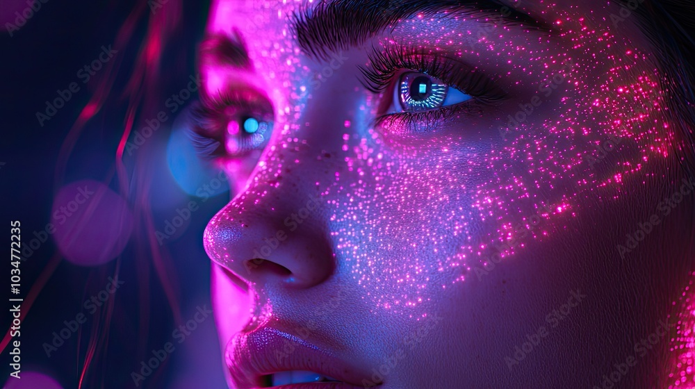 Poster modern digital art featuring female face illuminated by violet and green lights symbolizing the juli