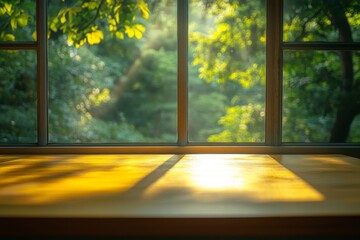 A wooden table top with a blurry view of a green forest through a window. The sun is shining...