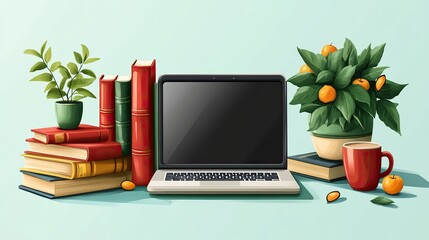 Fototapeta premium modern e learning setup with laptop books and cup of coffee symbolizing online education and distant learning