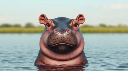 Snarky baby hippo, chubby animal in wild habitat, 3D illustration